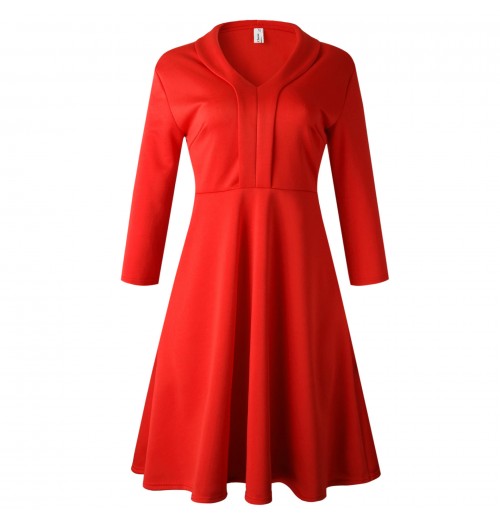 Women's clothing S-XXXL Autumn Women V Neck elegant Red dresses Women's Ladies Fashion Solid Color A Line Dress