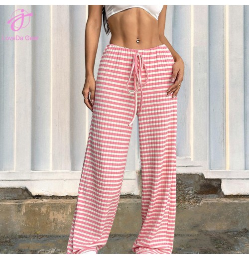 Loveda Hot Selling Women Casual Striped Solid Elastic Drawstring Cotton Straight Leg Pants