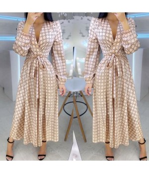 Wholesale New women's Oversized V-neck Retro Geometric Print Elegant women's Long Sleeved Dress