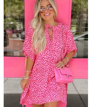 Sexy Sweet Pink Leopard Print Ladies V Neck Half Sleeve Dress For Women Summer Trendy Loose Casual Mini Dresses