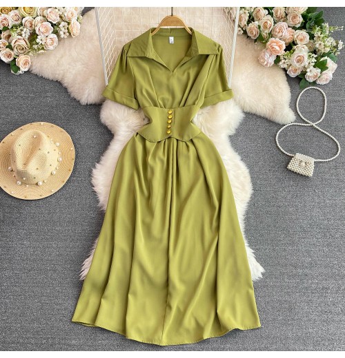 New Fashion Wholesale Temperament Round Neck Hollow Slimming Short Sleeves Solid Color Women's Casual Dress