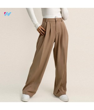 Long Silk and Cotton High-Waisted Elegant Wide Leg Straight Casual Trousers for Women with Custom Logo Embellishment