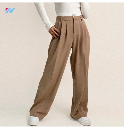 Long Silk and Cotton High-Waisted Elegant Wide Leg Straight Casual Trousers for Women with Custom Logo Embellishment