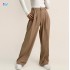 Long Silk and Cotton High-Waisted Elegant Wide Leg Straight Casual Trousers for Women with Custom Logo Embellishment