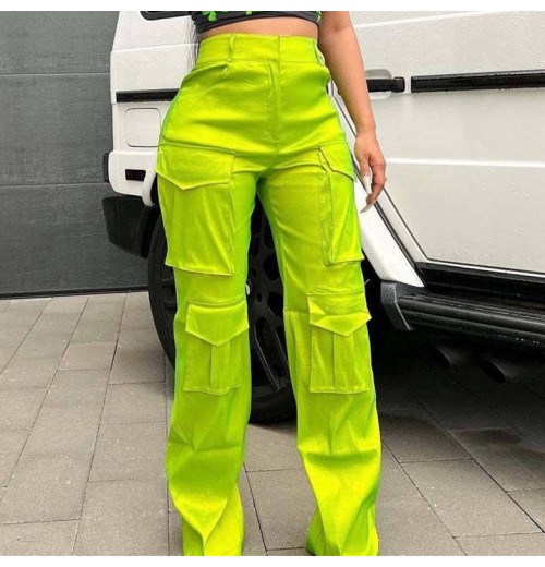 Streetwear Summer Spring Fall Fashion Elastic Waist Casual Bright Baggy Pocket Loose Straight Cargo Women'S Pants & Trousers