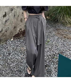 Cotton Wide Leg Drape Pants with Asymmetric Straps and High Waist Design