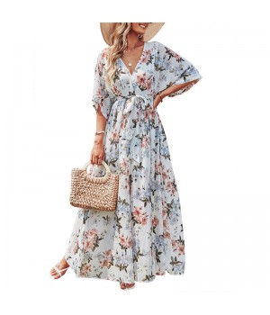 Women's Elegant Summer Bohemian Maxi Dress Casual Floral Printing In Wrap Deep V Neck 3/4 Sleeve Breathable Chiffon Fabric